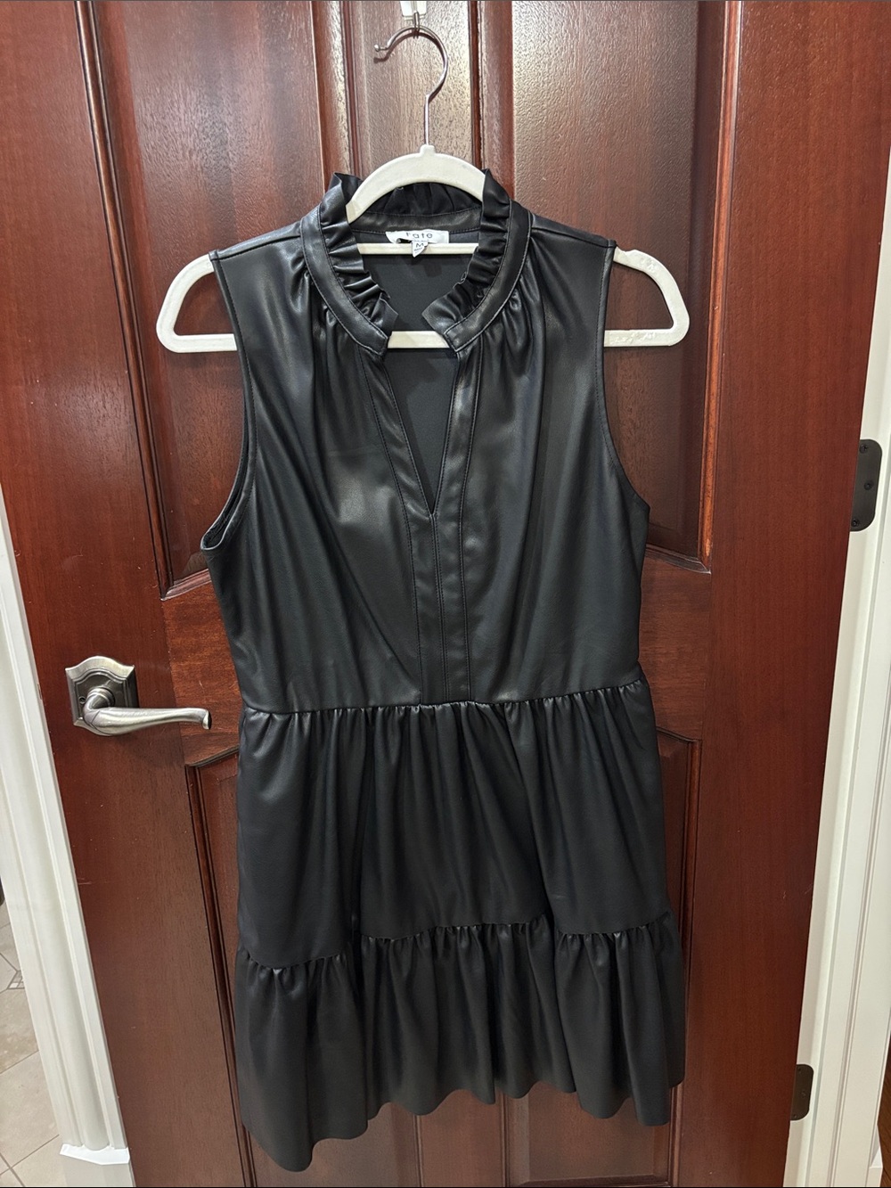 Fate Black Faux Leather Sleeveless Tiered Mini Dress